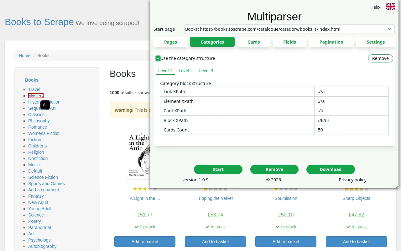 The Categories tab: a subcategory link chosen