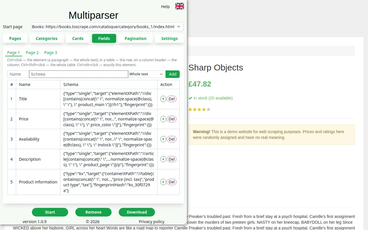 The Multiparser panel on a product page